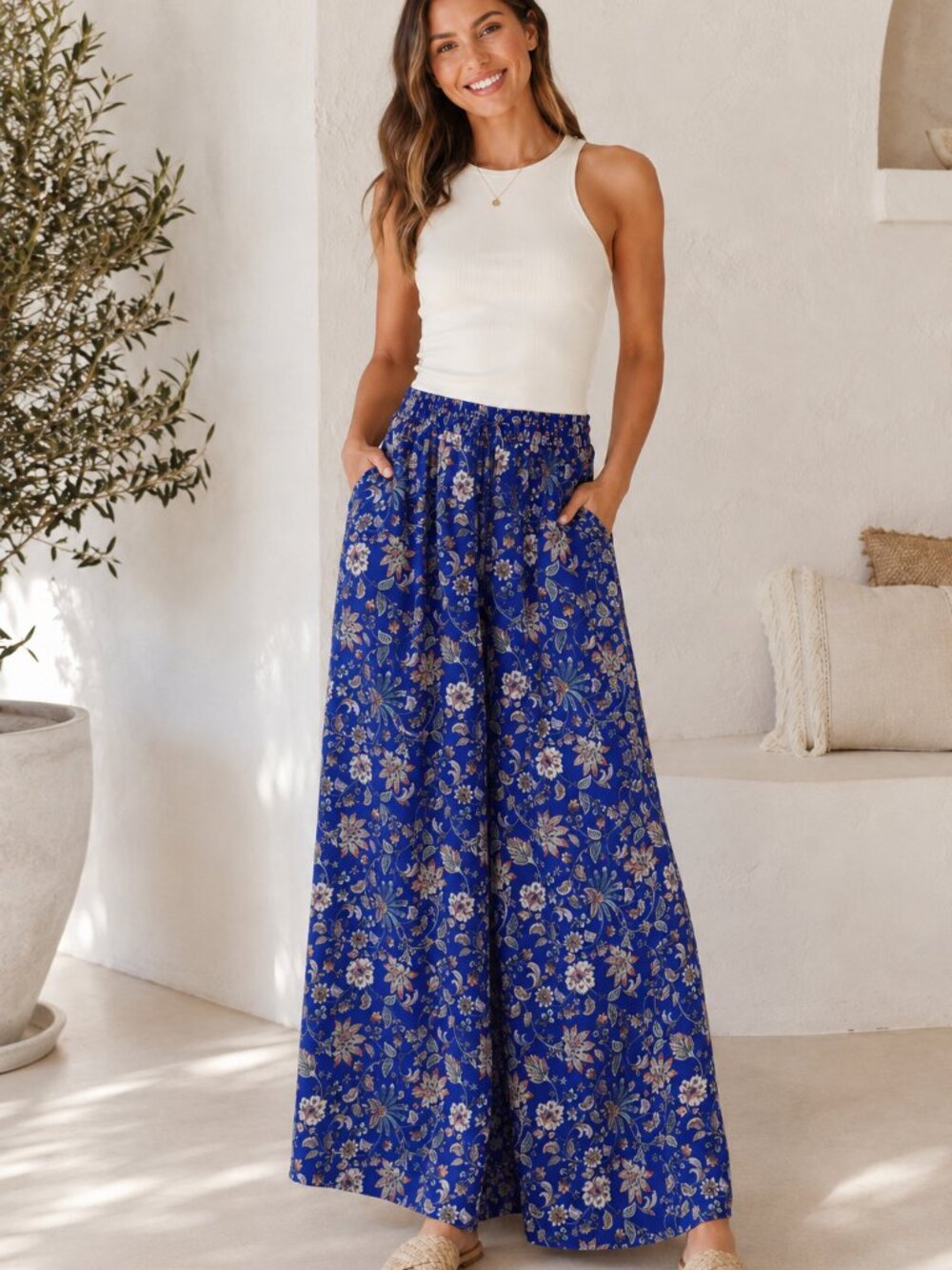 Janasya Blue Paisley Wide Leg Pull On Pants Womens XL Casual Boho Spring Comfort